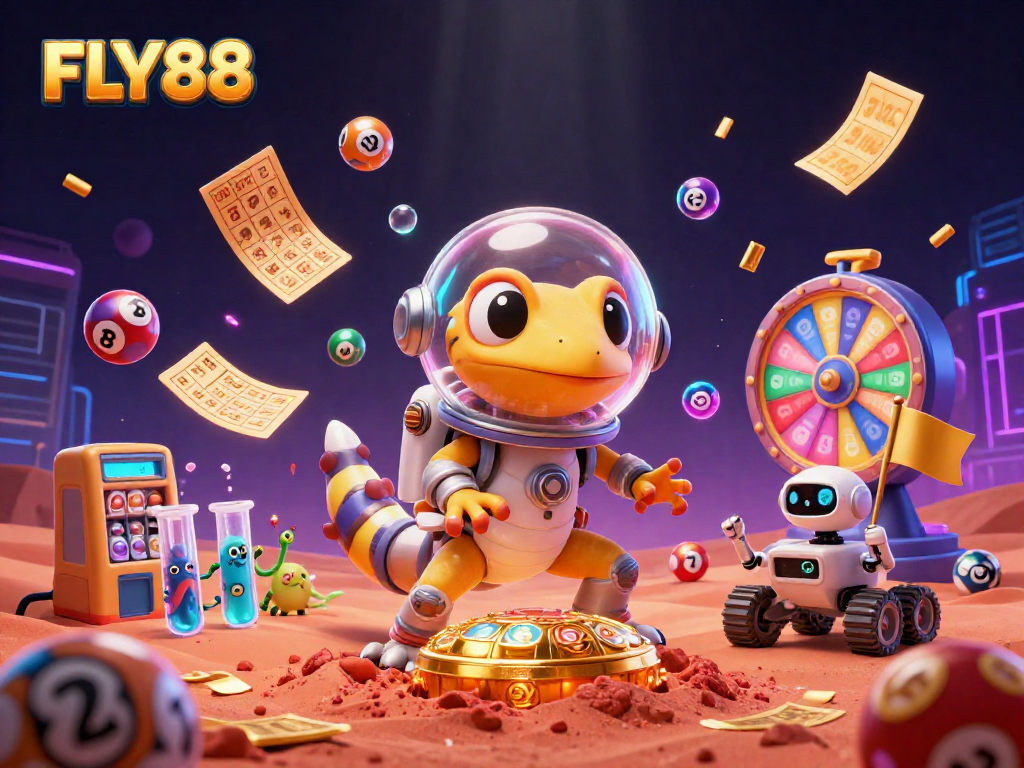 Experience the excitement of FLY88 with a vibrant casino scene featuring a Martian gecko and colorful game elements.