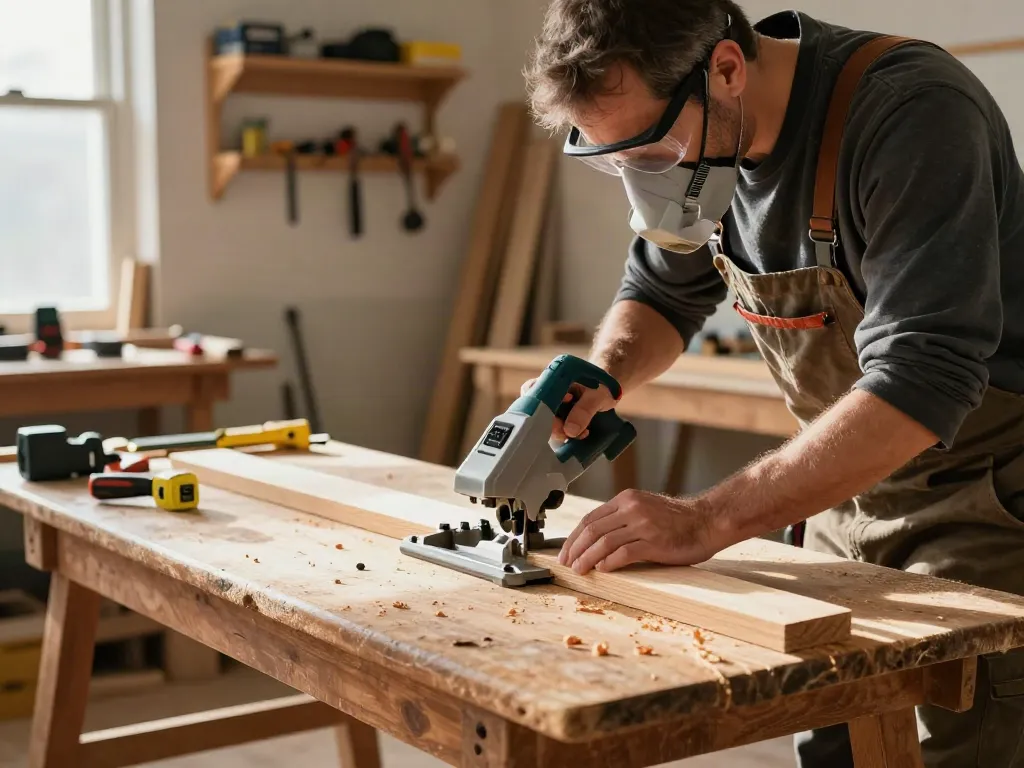 Carpenter using a manual mitre saw for precise woodworking cuts in a well-lit workshop.
