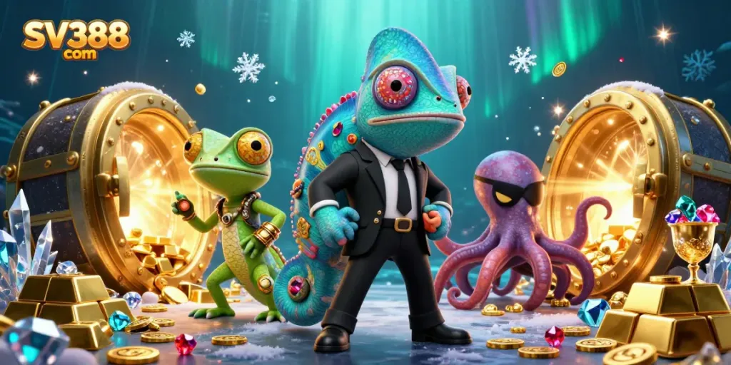 Experience thrilling action at SV388 com with a vibrant illustration of a chameleon agent and his allies.