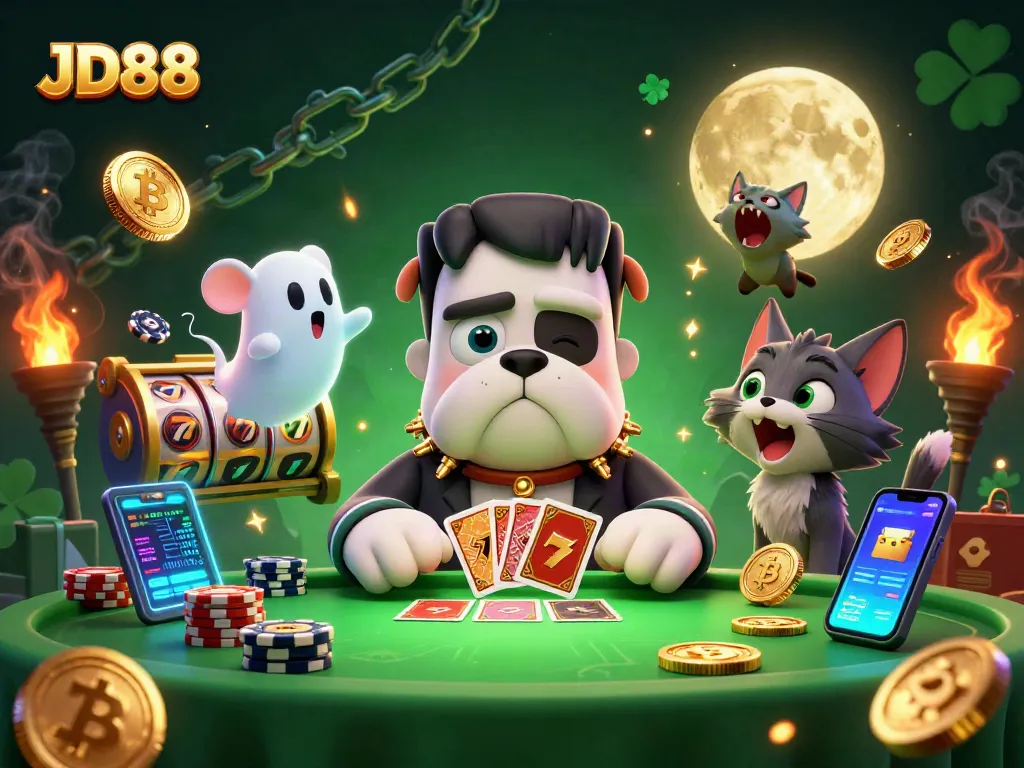 Engage in thrilling casino action with JD88, featuring a 3D bulldog monster dealing cards at a spooky table.