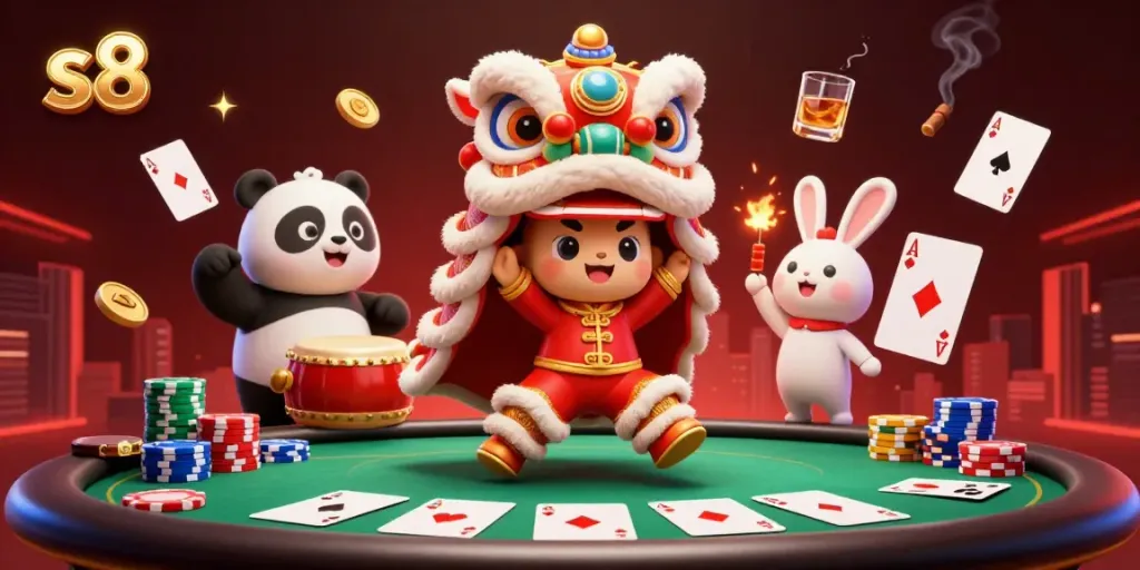 Experience thrilling gaming moments at s8 with a vibrant 3D casino scene featuring a lion dance.