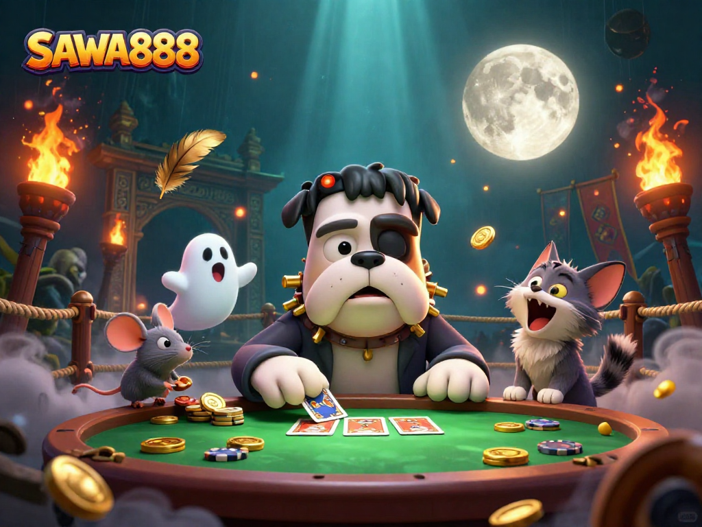 Experience the thrilling cards at SAWA888 with a unique blend of characters and casino elements.