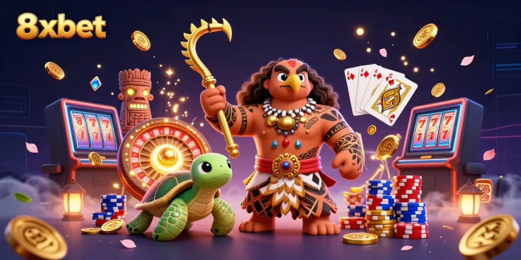 Engage in action with 8xbet's vibrant casino scene featuring dynamic characters and elements.