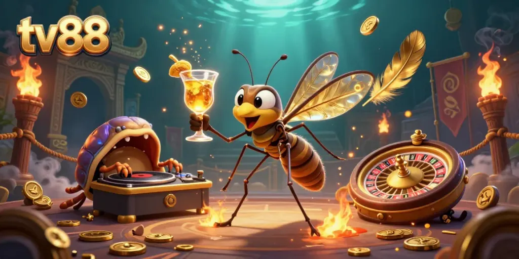Engage with the thrilling vibe of tv88 as a mosquito mascot and fossil DJ bring the casino atmosphere alive.