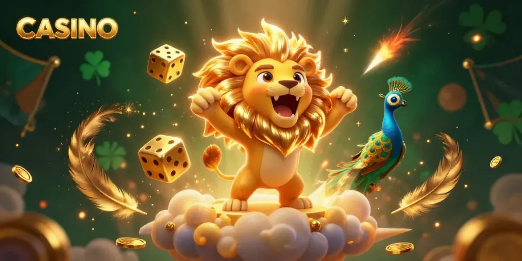 Experience the energetic atmosphere of a casino with a roaring lion and floating golden elements.