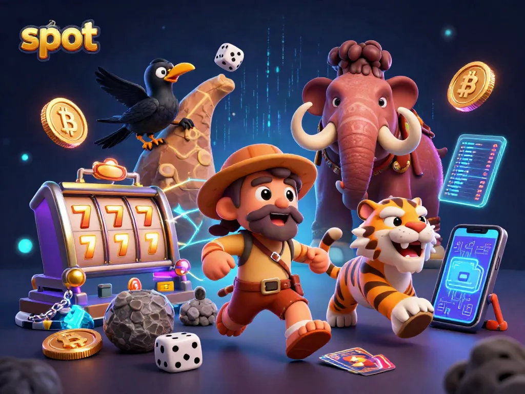Spin the slot reels with a caveman, saber-tooth tiger, and crow in a vibrant casino scene.