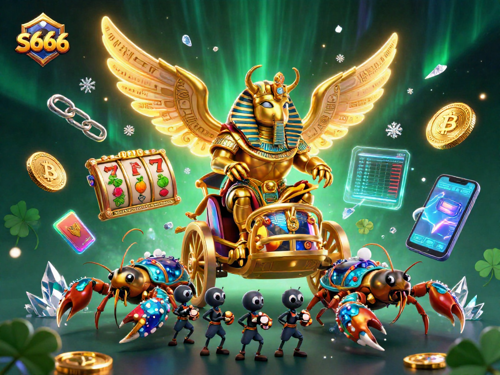 Experience S666 in an engaging 3D casino scene featuring vibrant slot elements and crypto coins.