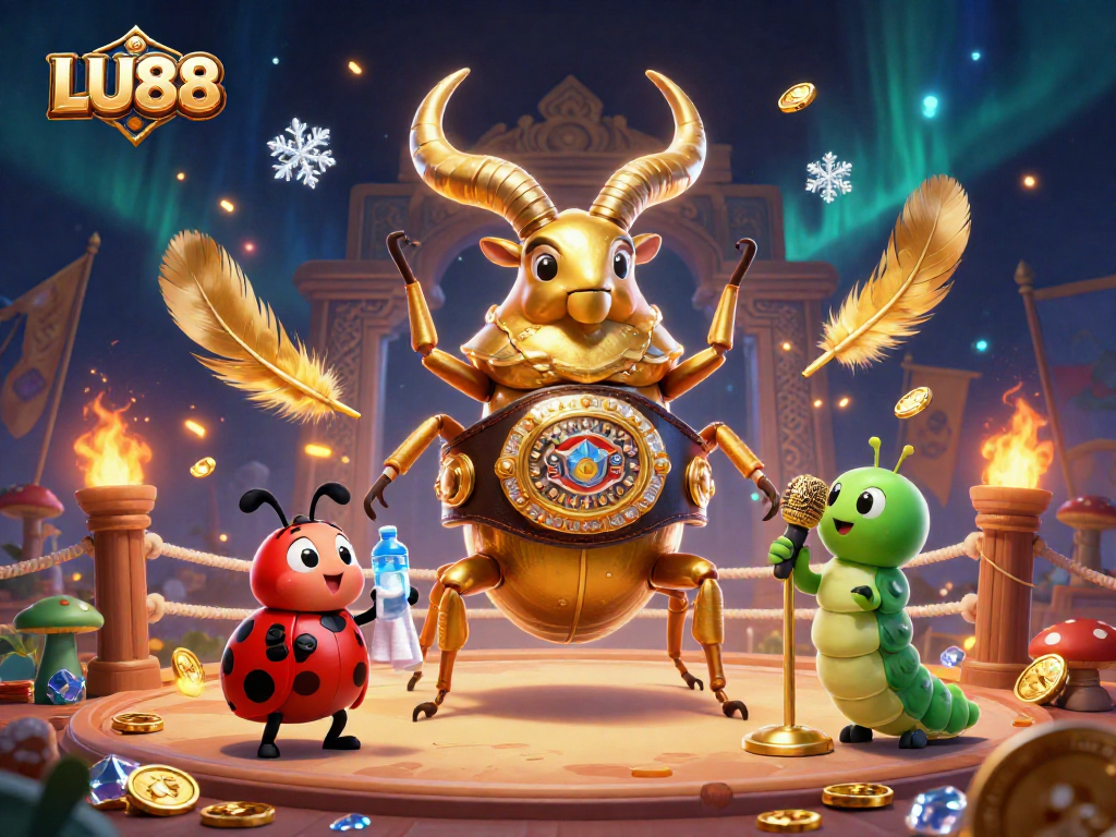 LU88 showcases a dynamic 3D scene with a golden stag beetle, ladybug, and caterpillar celebrating gambling excitement.