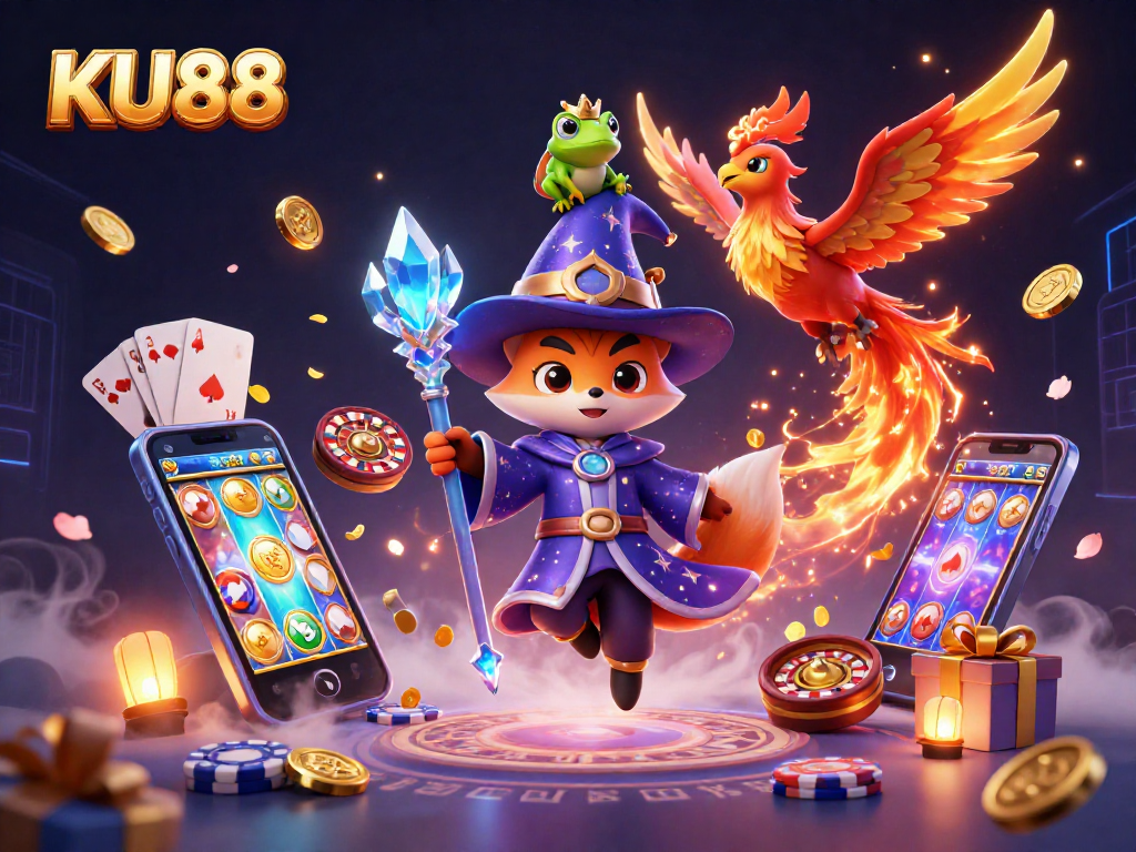 Engage in thrilling gaming at KU88 with a mystical fox wizard and a phoenix, showcasing vibrant casino elements.