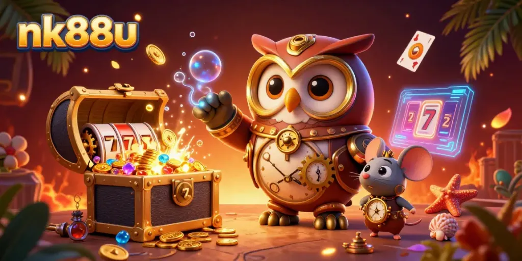 Spin and win treasures with nk88u's vibrant casino-themed illustration featuring charming characters and elements.