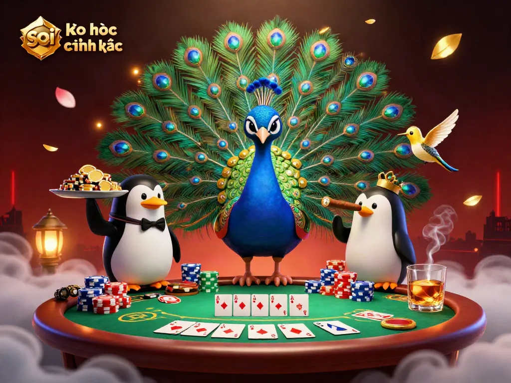 Soi kèo bóng đá chính xác illustrated with vibrant casino elements, featuring a peacock, penguin, and hummingbird.