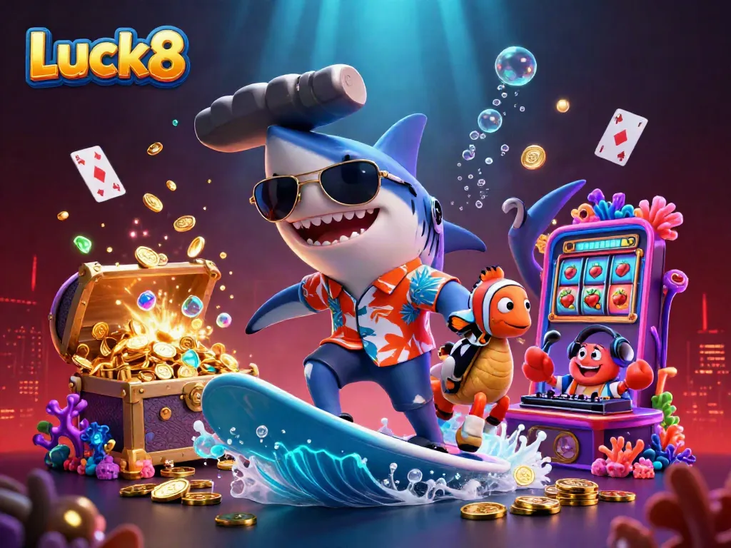 Luck8 shark surfing on gold coins with 3D characters and casino elements, promoting gaming excitement.