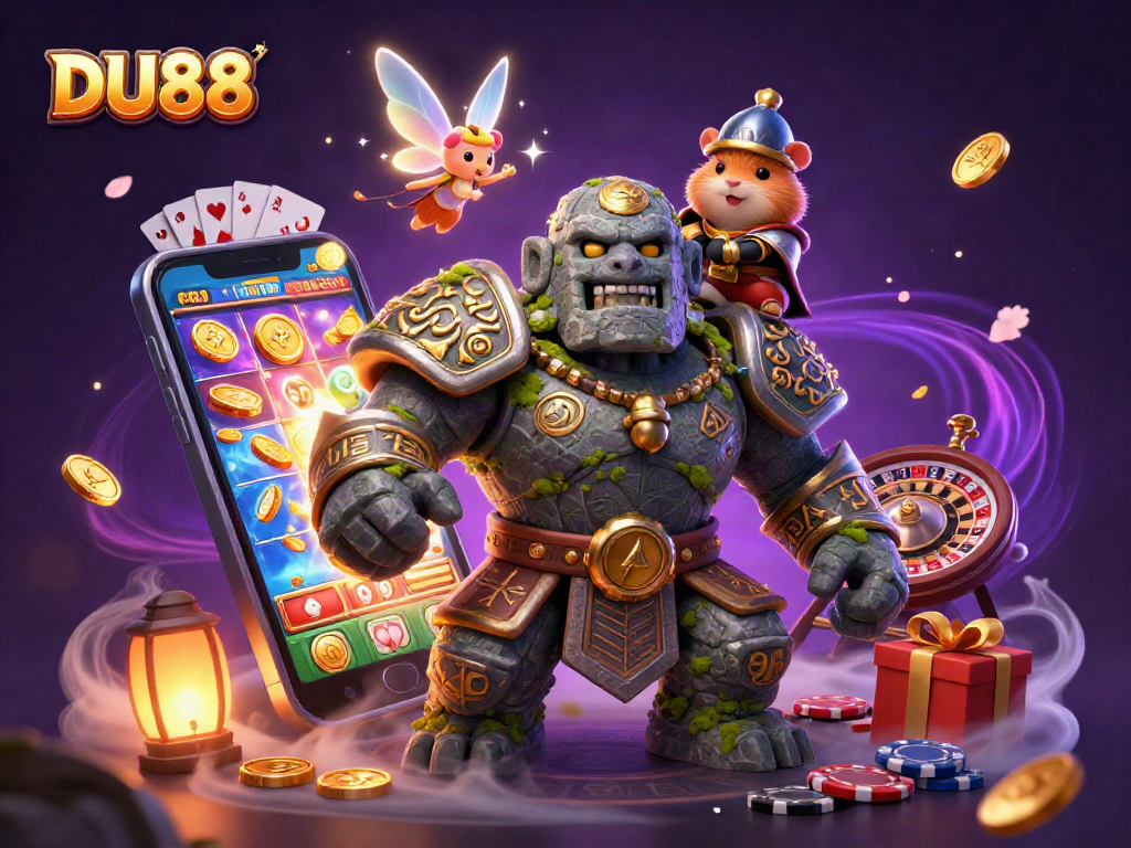 Engage with DU88's vibrant casino action featuring a golem guardian with a fairy and hamster knight.