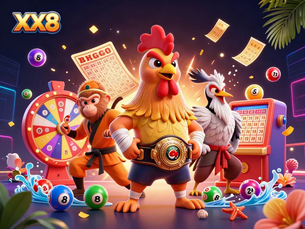 Experience thrilling games at XX8, featuring a dynamic 3D illustration of a rooster, monkey, and crane amidst vibrant lottery elements.
