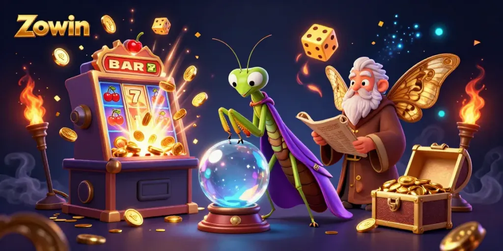 Experience winning with Zowin's thrilling casino atmosphere in a vibrant fantasy illustration.