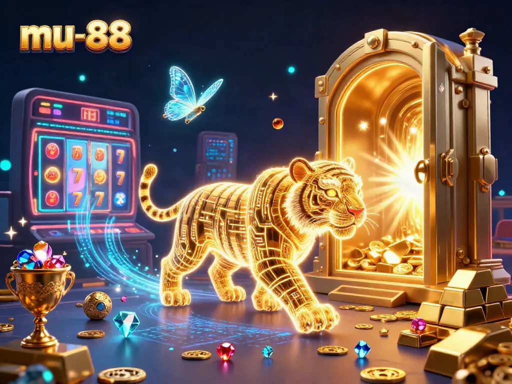 Experience high-stakes excitement at mu-88 with a neon casino scene filled with treasures and gaming energy.