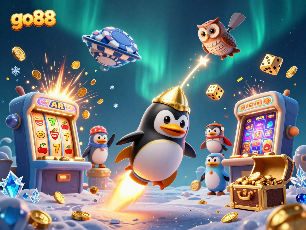 Experience the exciting adventures of go88 as a golden penguin soars through a cosmic casino.