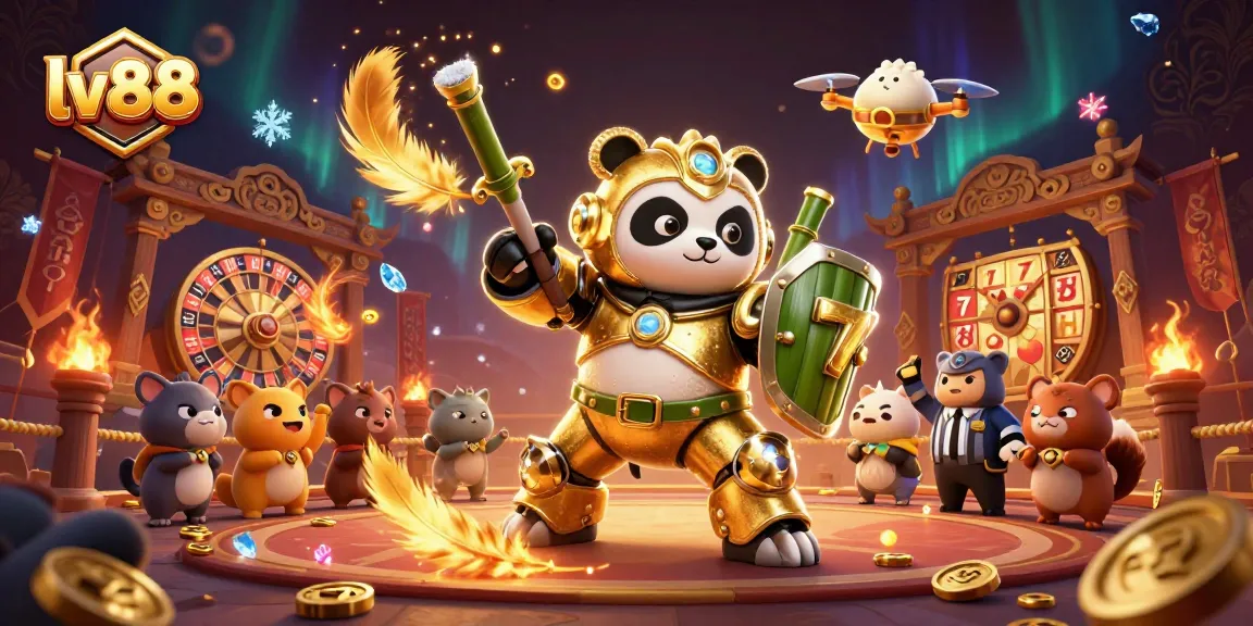 Engage with the lv88 casino experience featuring a mech-suit panda in a vibrant gambling arena.