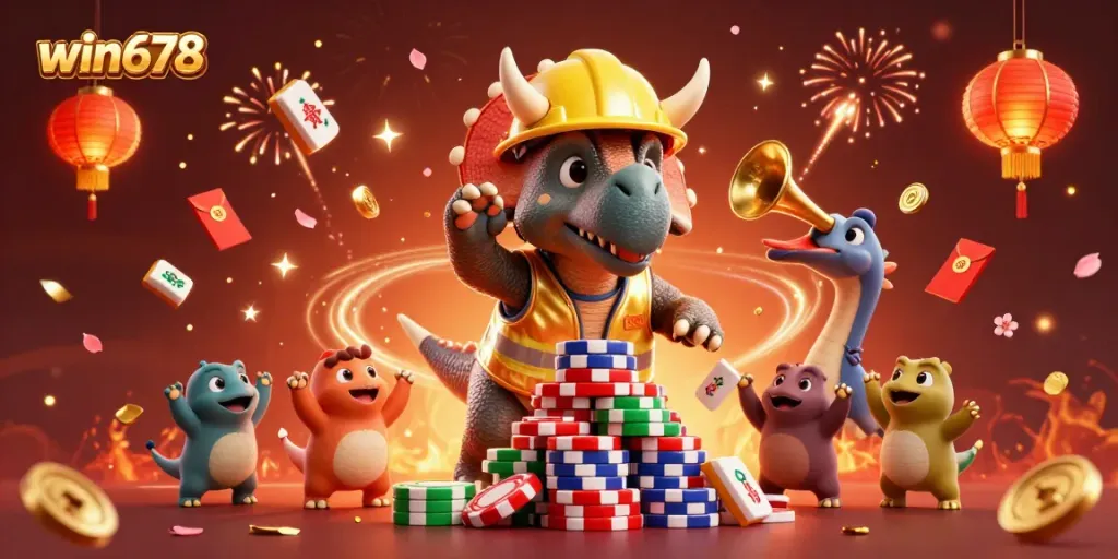 Experience the vibrant energy of win678 with a cheerful scene of mascots celebrating over poker chips.