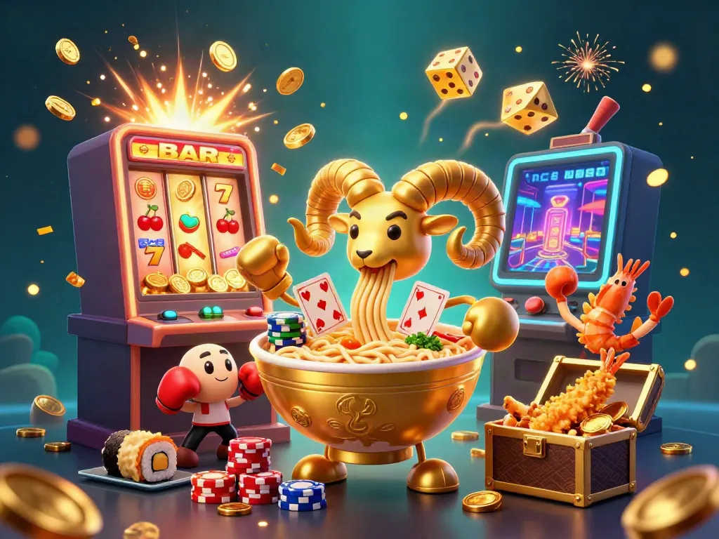 Join the fun at trang chủ sunwin with a vibrant 3D illustration depicting a giant ramen bowl dealer and colorful casino elements.