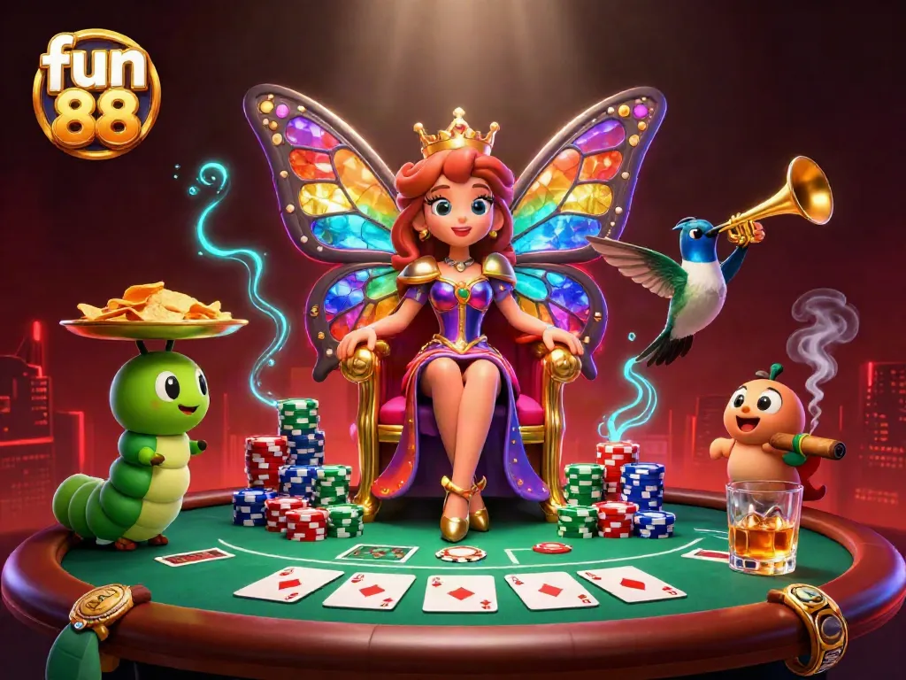 Experience thrilling gameplay with fun 88 in this vibrant casino scene featuring a butterfly queen and poker elements.