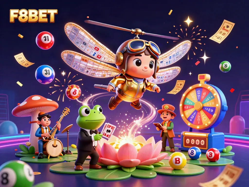Experience F8BET's exciting casino atmosphere with a dragonfly pilot and frog croupier orchestrating vibrant games.