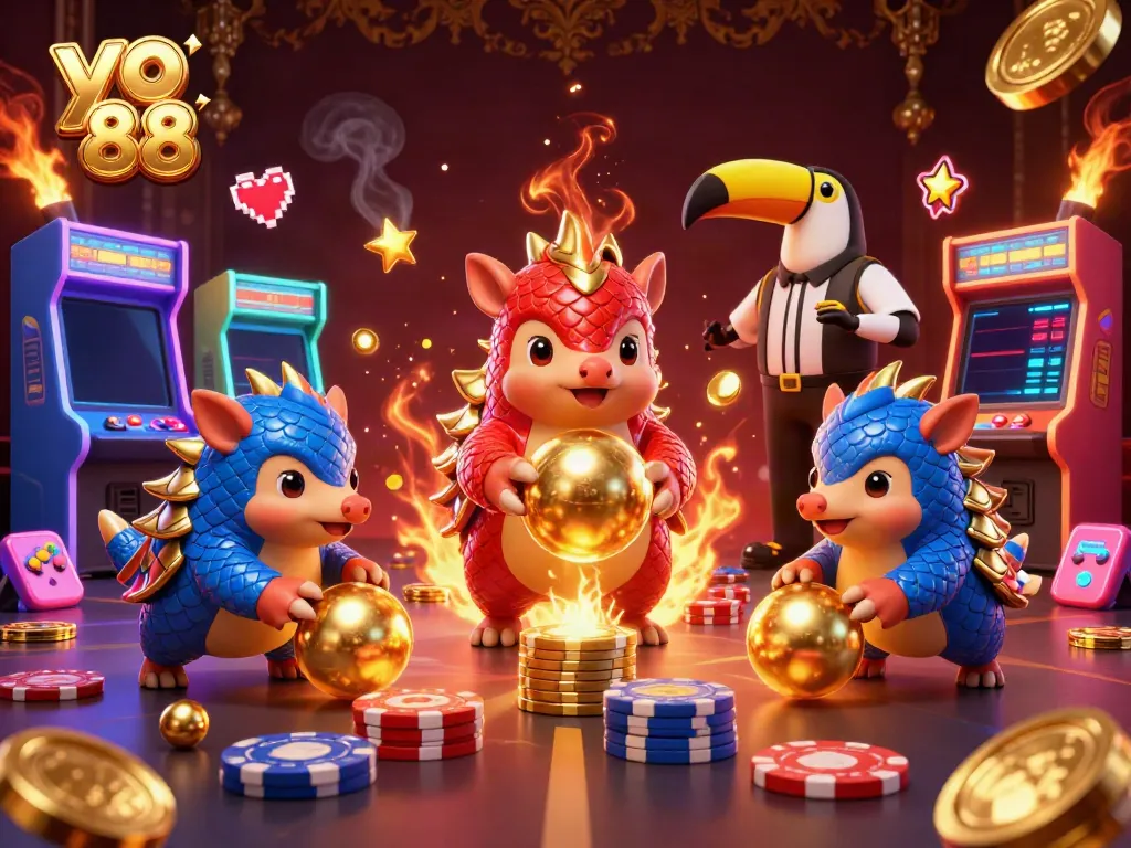 Experience thrilling gameplay at yo 88 with dynamic pangolins, poker chips, and arcade elements.