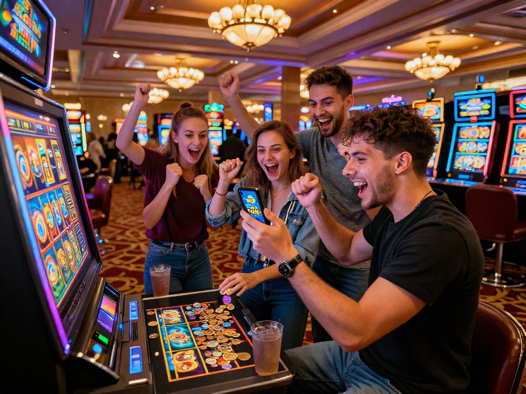 Friends celebrating a big win at a casino with slot depo 10k display, vibrant atmosphere.