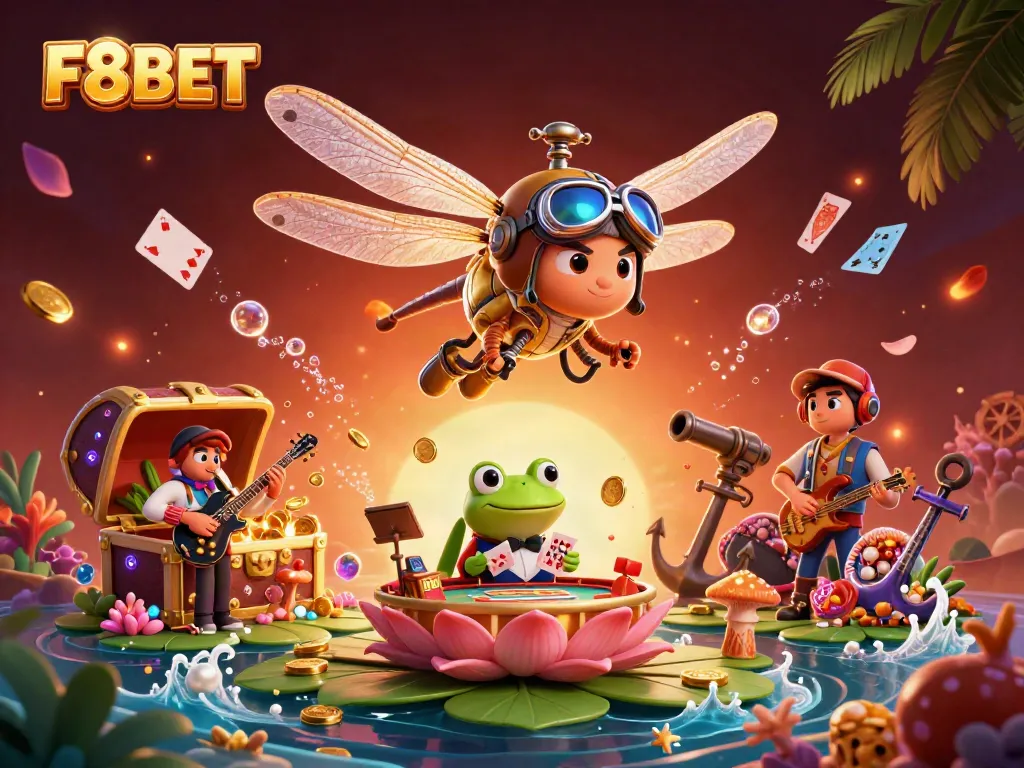 Engage in the F8BET casino experience as a dragonfly pilot oversees a vibrant lily pad gaming scene