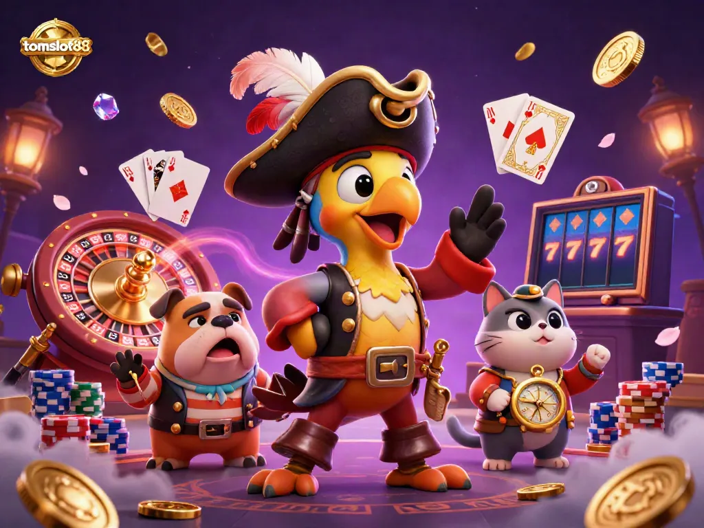 Experience the excitement of tomslot88 with a vibrant pirate-themed casino scene filled with gold coins, poker chips, and lively characters.