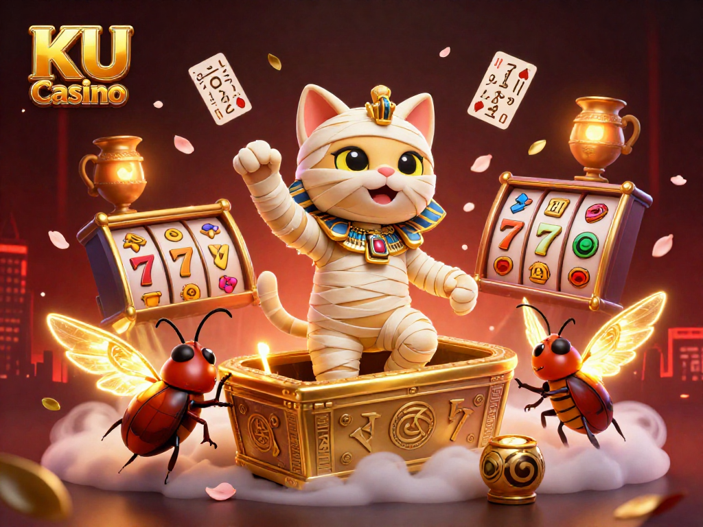 KU Casino features a dynamic scene with a mummy cat and glowing scarab surrounded by slot games and vibrant jackpot elements.