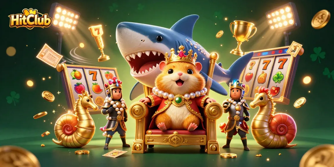 Join the excitement at HitClub with a vibrant 3D slots scene featuring a hamster king and colorful gaming elements.