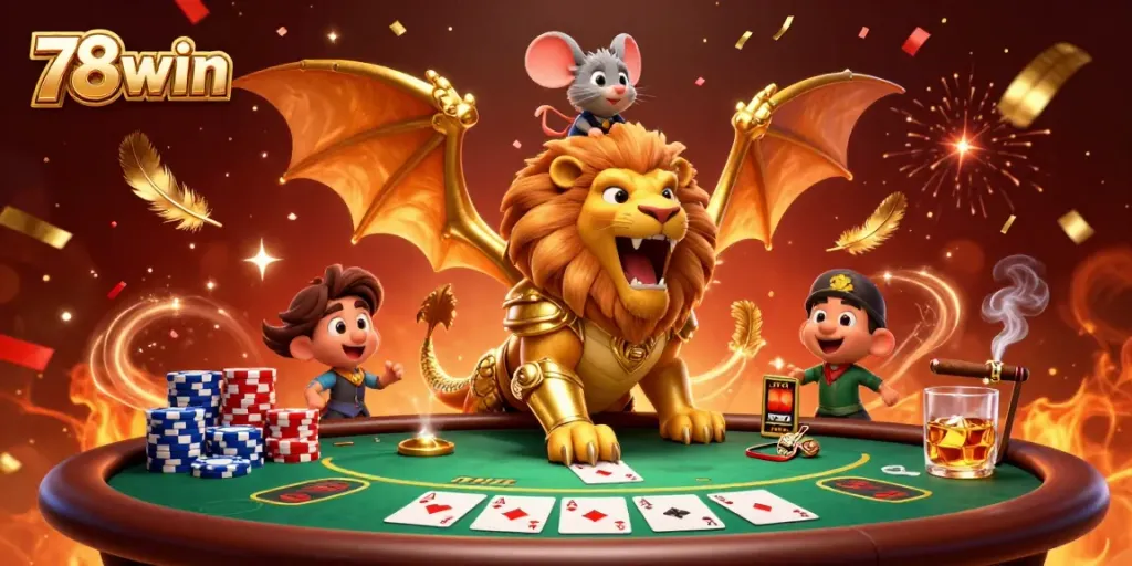 Engage with 78win's thrilling gambling world featuring vibrant casino elements and a victorious chimera.