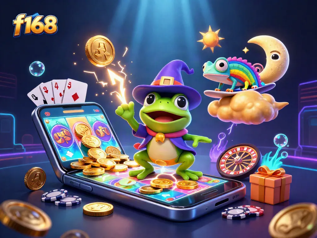 Spin colorful f168 slots with a wizard frog creating golden coin storms and a chameleon surfing clouds.