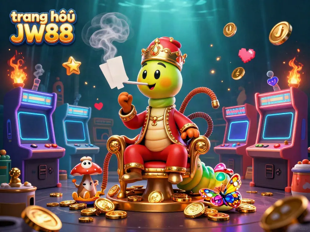 Experience the thrill on trang chủ JW88 with a vibrant scene featuring a whimsical hookah-master, golden coins, and casino games.