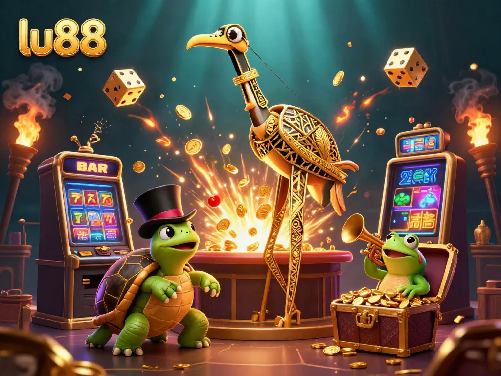 Experience the thrill of lu88 with a vibrant 3D casino illustration featuring engaging characters and dynamic game elements.