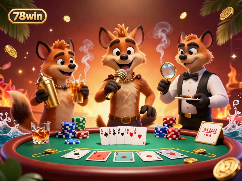 Experience the excitement of betting at 78win's vibrant casino with cartoon hyenas entertaining and serving drinks.