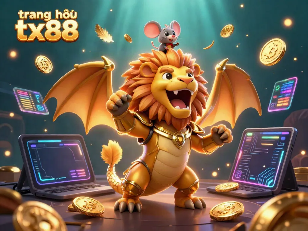 Engage with the thrilling experience on trang chủ tx88, featuring a roaring chimera and cryptocurrency elements.