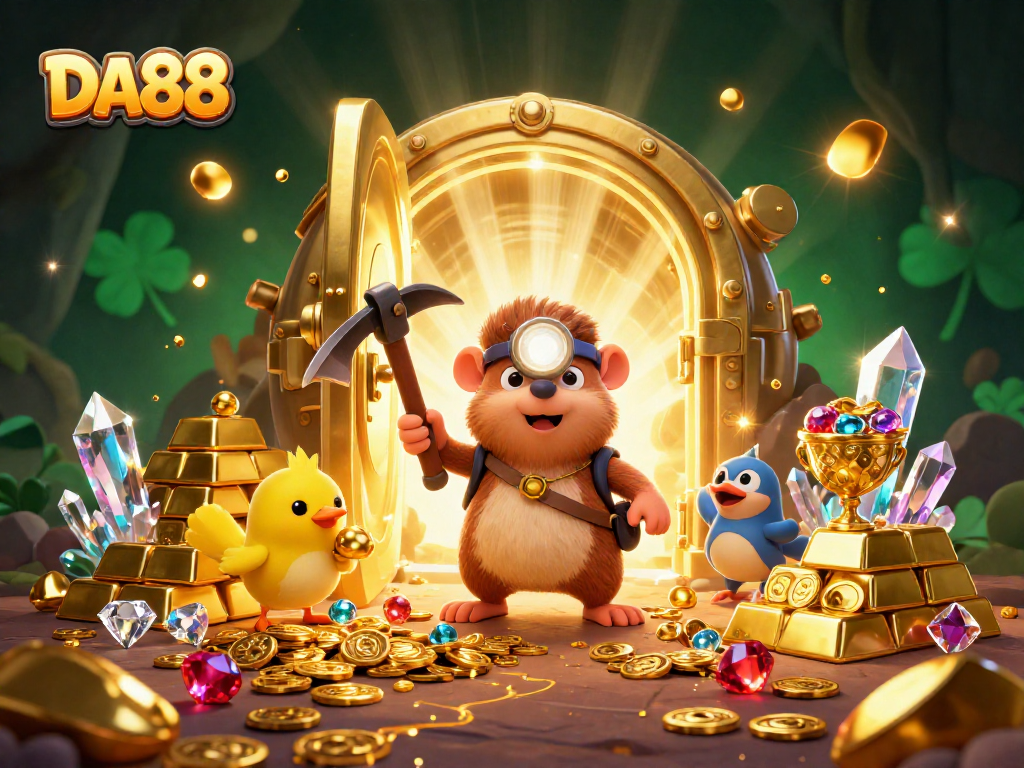 Experience DA88's thrilling adventure with a treasure hunting mole amidst a sparkling casino landscape.