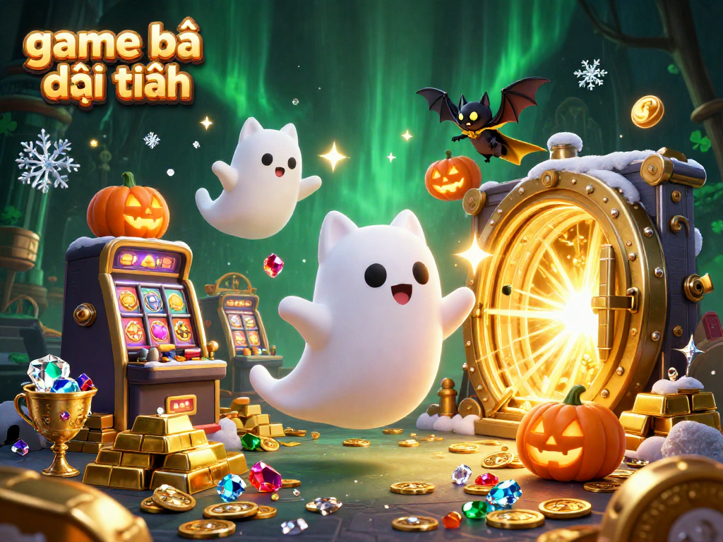 Play game bài đổi thưởng amidst a vibrant haunted casino with dynamic characters and rich details.