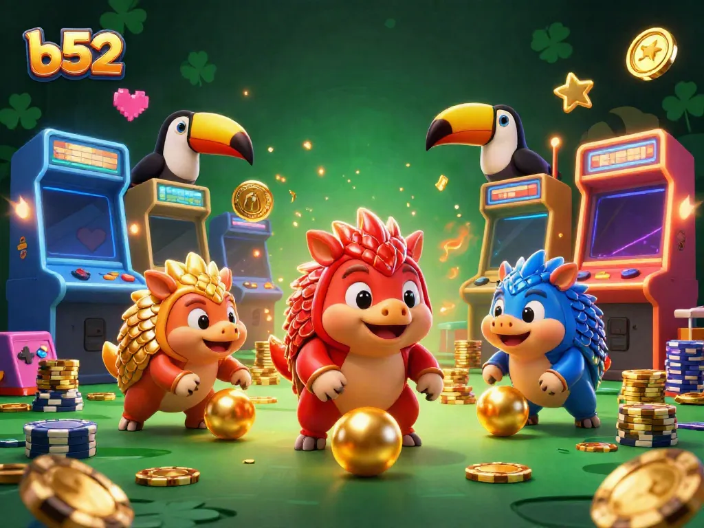 Engage with b52 platform featuring playful pangolins amidst vibrant casino elements for thrilling gaming.