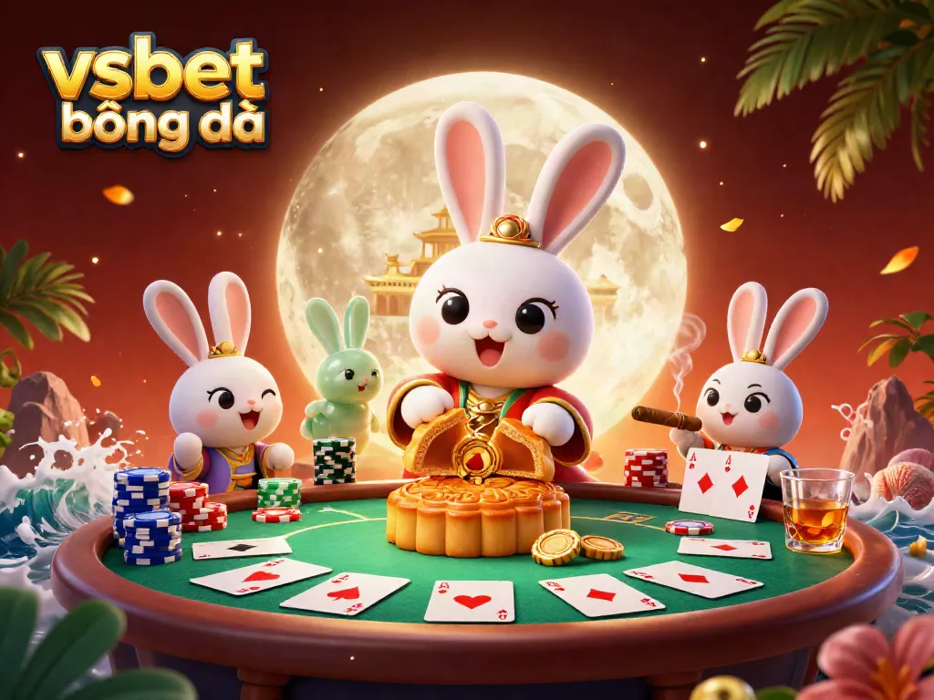 Experience the excitement of vsbet bóng đá with a dynamic 3D casino scene featuring a moon rabbit and poker elements.