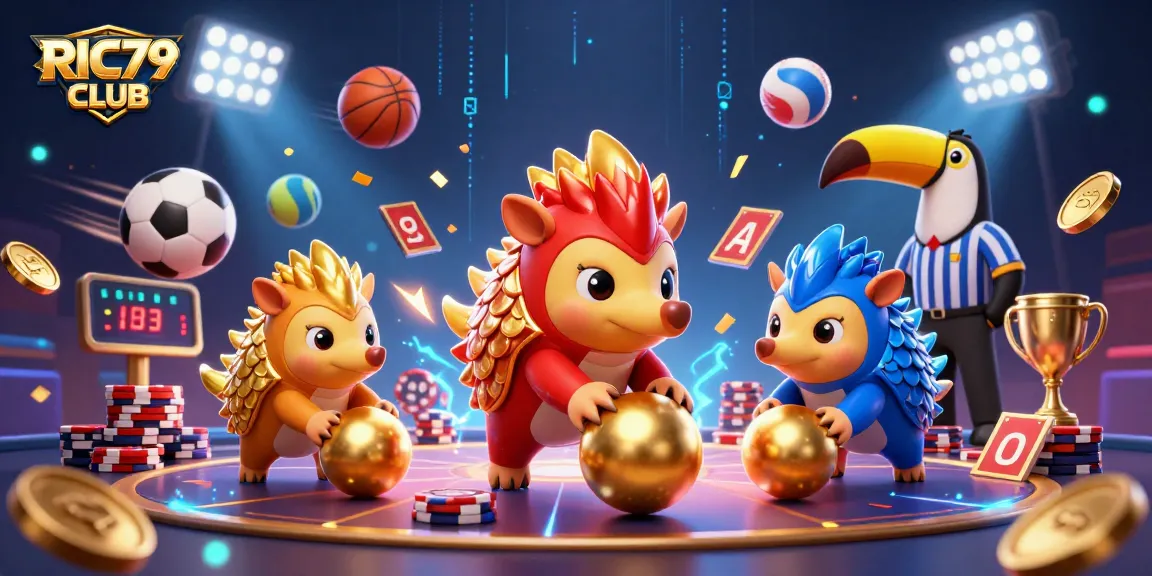 Engage in action at RIC79 CLUB with rival pangolins playing casino-themed games surrounded by vibrant sports elements.