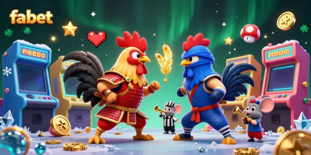 Join the excitement at fa bet with roosters in combat, amidst colorful arcade and casino elements.