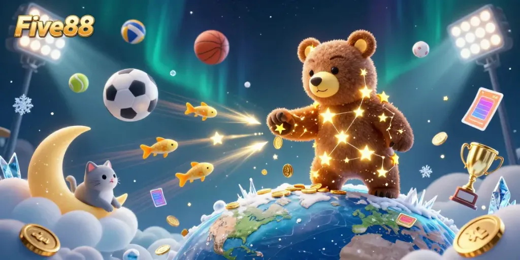 Experience excitement with Five88 as a constellation bear scoops coins while sports elements surround a vibrant casino scene.