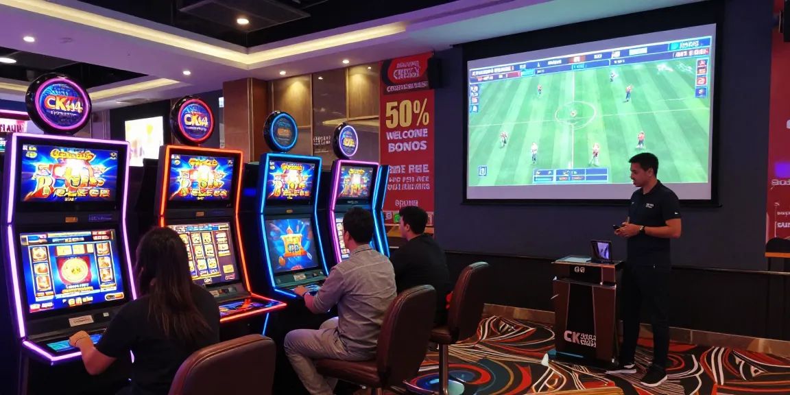 CK 444 casino scene with enthusiastic players and premium slots showcasing engaging atmosphere and live sports betting.