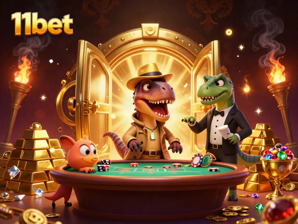 Experience a thrilling 11bet casino atmosphere with a velociraptor card counter and a stegosaurus pit boss.