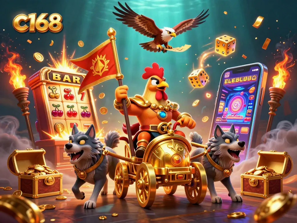 Experience thrilling gameplay with c168 represented by a dynamic 3D casino scene featuring a rooster warlord.