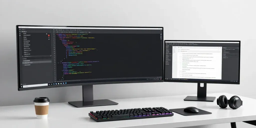 Register .co.uk domain in a tech-focused workspace featuring a coding setup and modern digital tools.