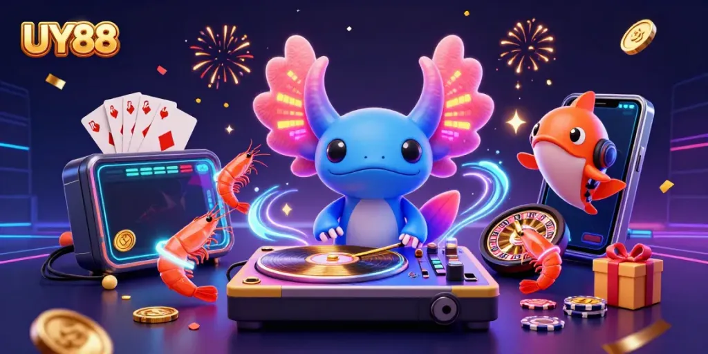 Experience thrilling gaming action with the vibrant UY88 casino gaming illustration featuring lively characters and rich casino elements.
